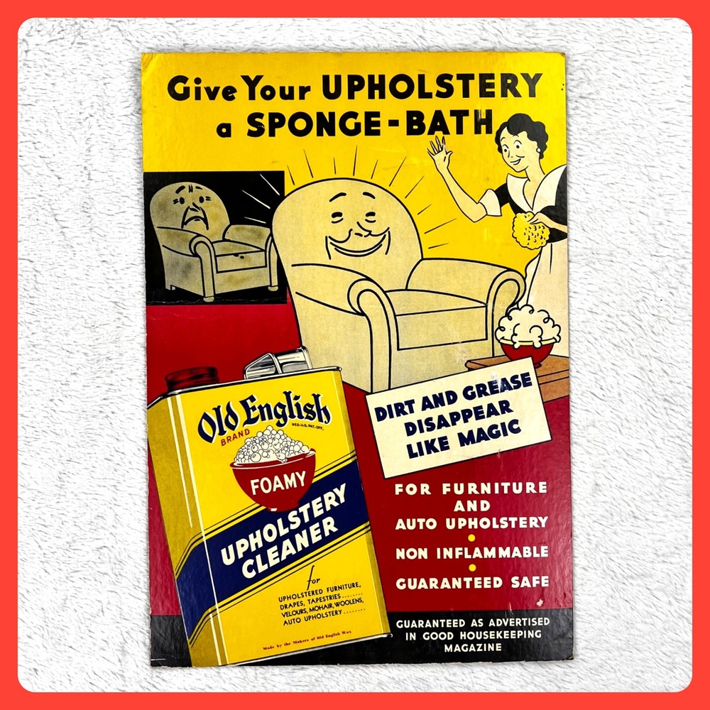 1940s Old English Cleaner Vintage Advertising Sign 17" Cardboard Easel Display